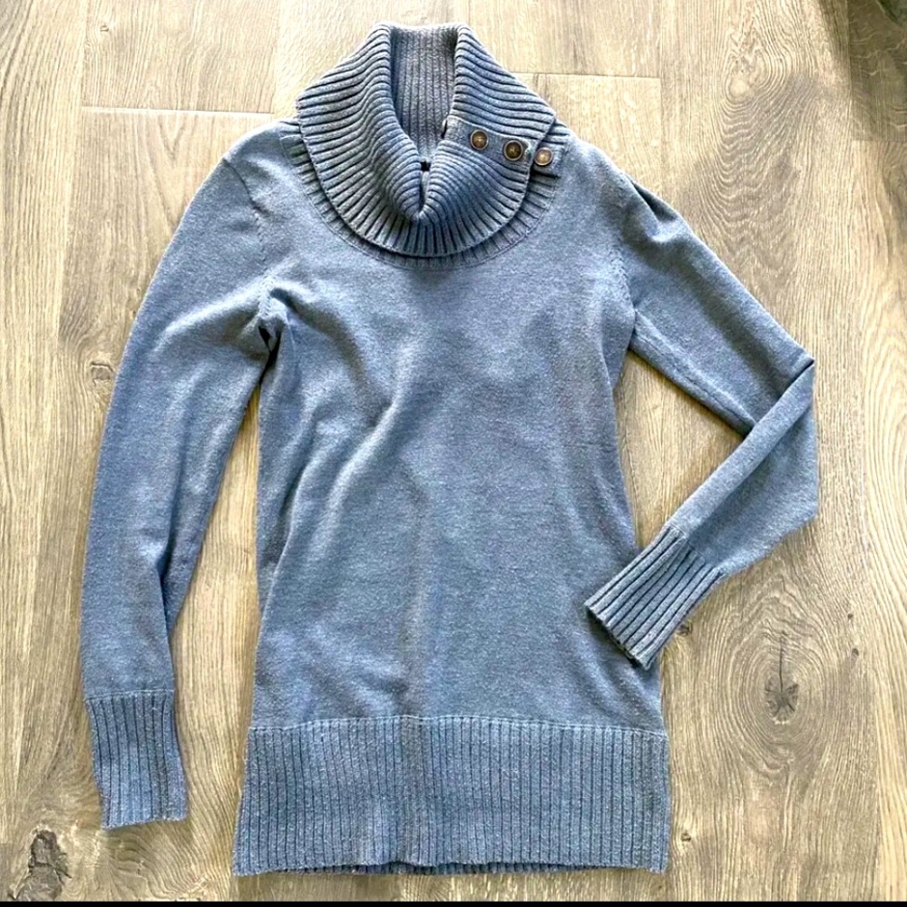 The Limited Gray Fitted Stretch‎ Tunic Long Turtleneck Button Sweater Top XS